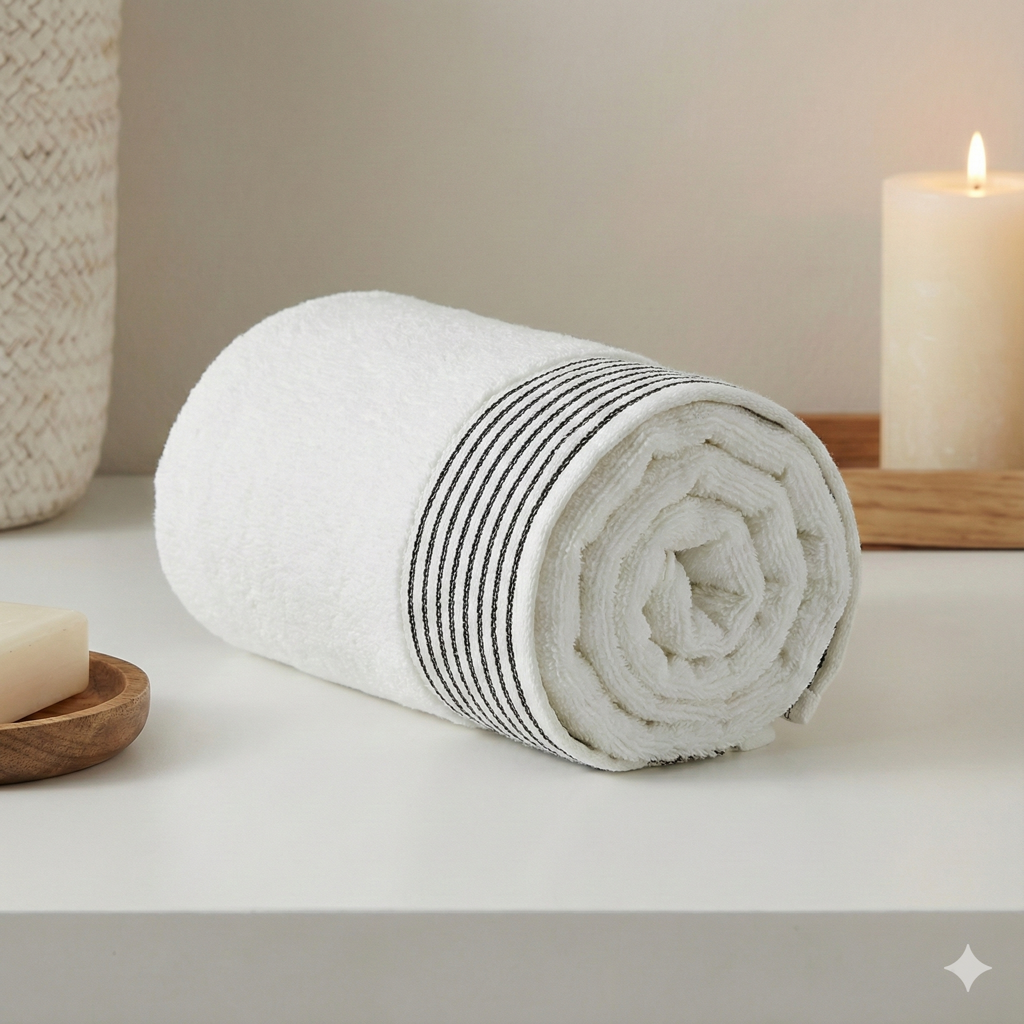 White Towel with Grey Stripe Border – 100% Cotton